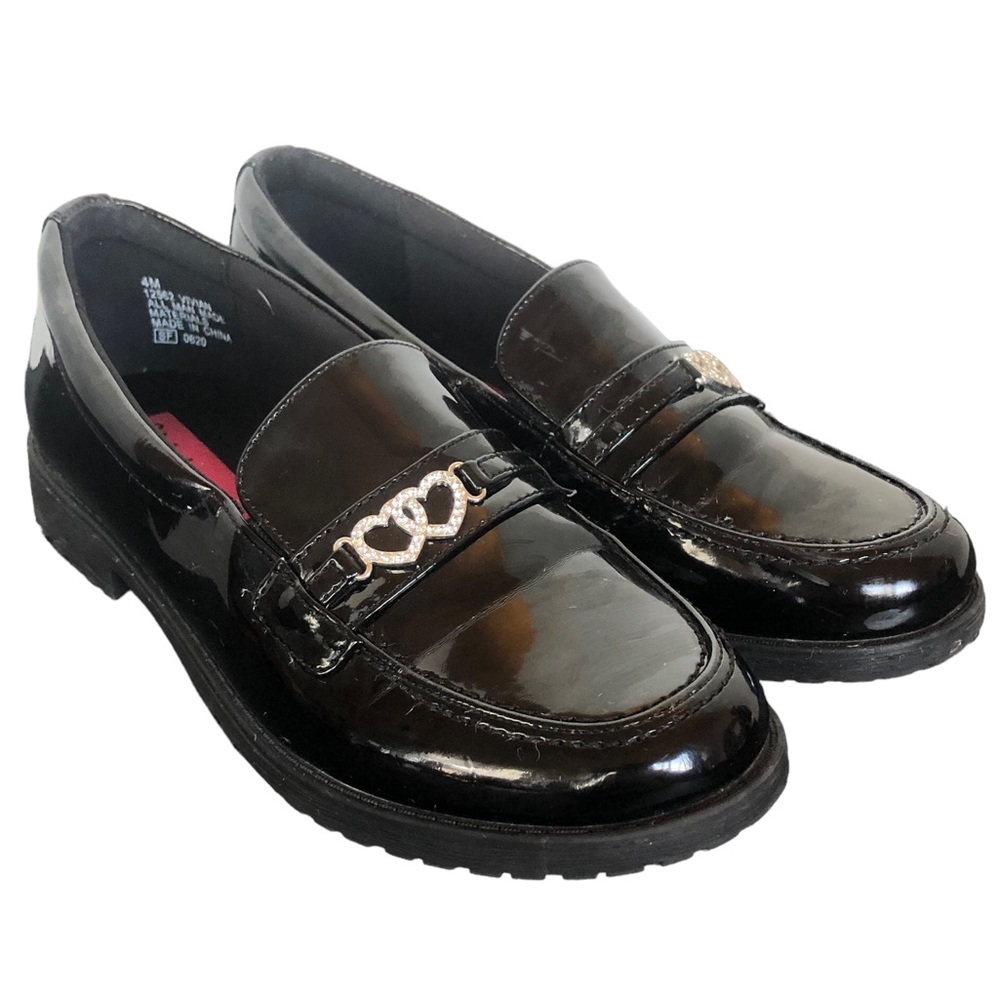 Rachel Shoes Black Patent Leather Rhinestone Heart Loafers size 4M